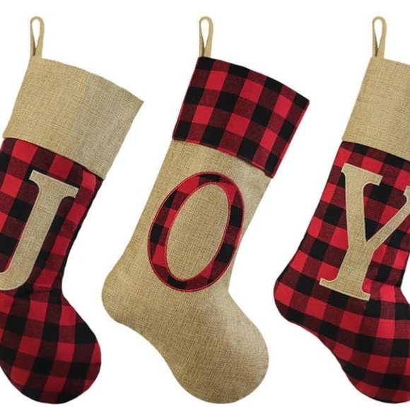 Christmas Stockings, 3 Pcs 19 inches Red and Black Buffalo Check Plaid Faux Burl - Picture 2 of 7